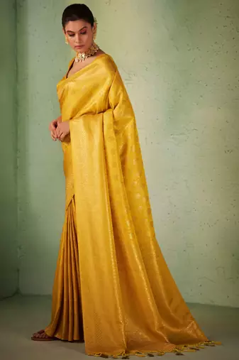 yellow woven pure silk blend designer pallu saree with blouse