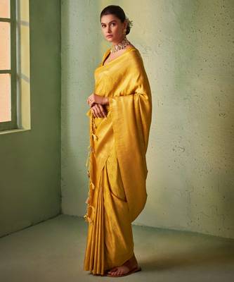 yellow woven pure silk blend designer pallu saree with blouse 3