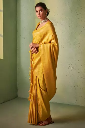 yellow woven pure silk blend designer pallu saree with blouse