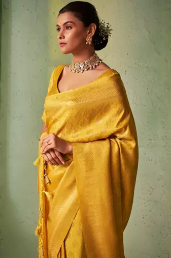yellow woven pure silk blend designer pallu saree with blouse
