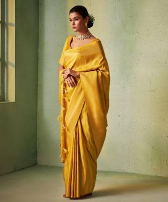 yellow woven pure silk blend designer pallu saree with blouse 5