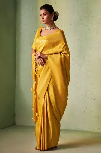 yellow woven pure silk blend designer pallu saree with blouse