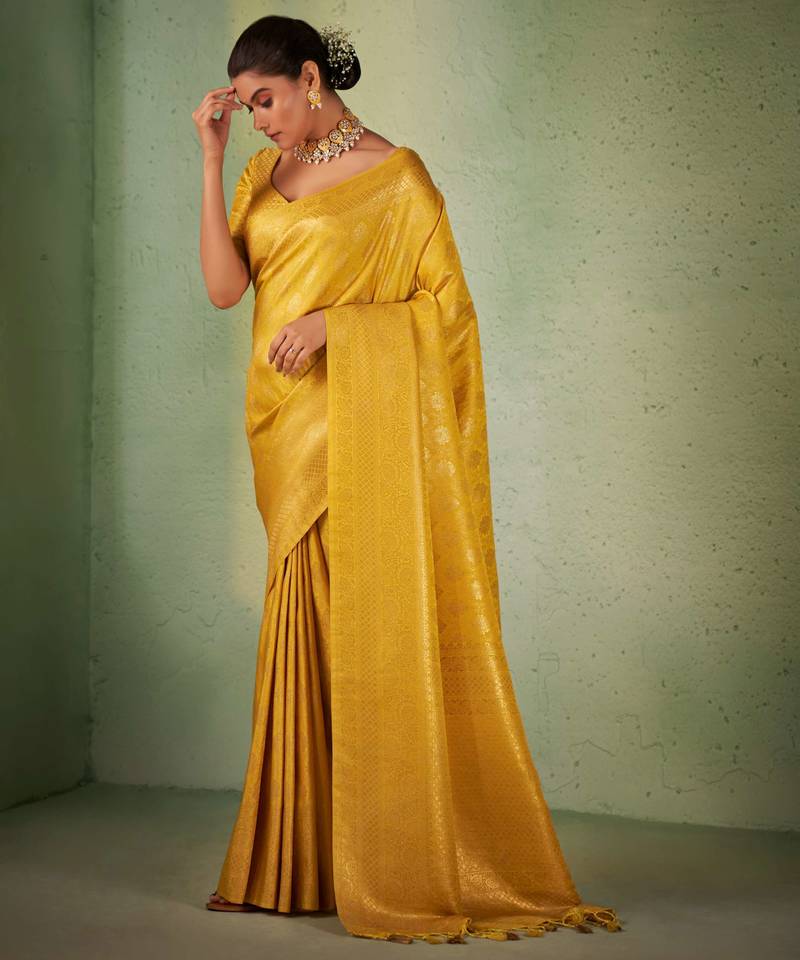yellow woven pure silk blend designer pallu saree with blouse