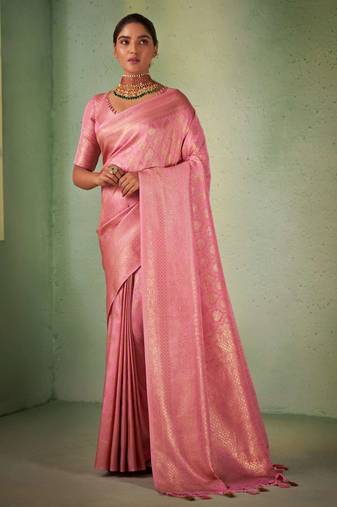 light pink woven pure silk blend designer pallu saree with blouse