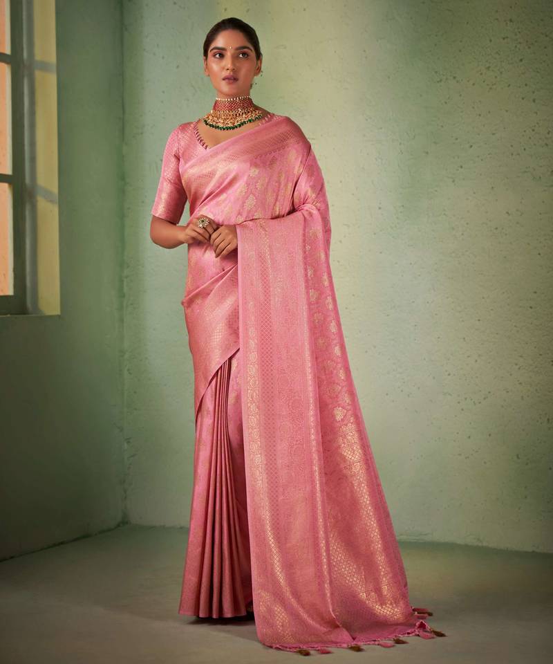 light pink woven pure silk blend designer pallu saree with blouse