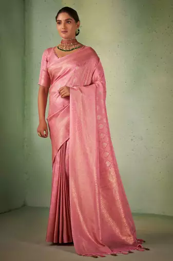 light pink woven pure silk blend designer pallu saree with blouse