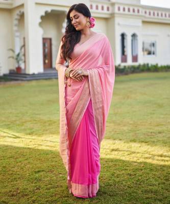 pink woven pure georgette designer pallu saree with blouse 1
