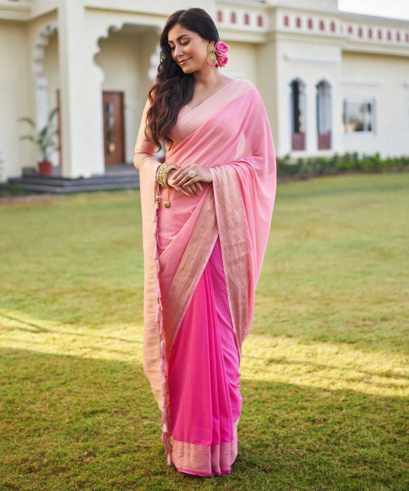 pink woven pure georgette designer pallu saree with blouse