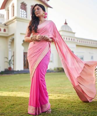 pink woven pure georgette designer pallu saree with blouse 4