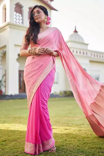pink woven pure georgette designer pallu saree with blouse