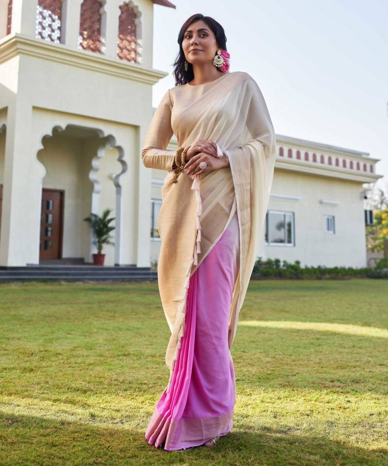 cream woven pure georgette designer pallu saree with blouse