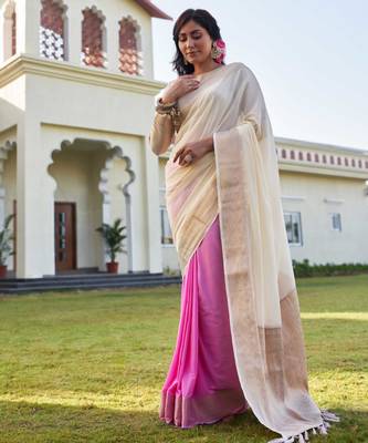 cream woven pure georgette designer pallu saree with blouse 2