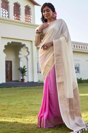 cream woven pure georgette designer pallu saree with blouse