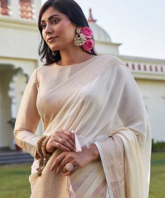 cream woven pure georgette designer pallu saree with blouse 3