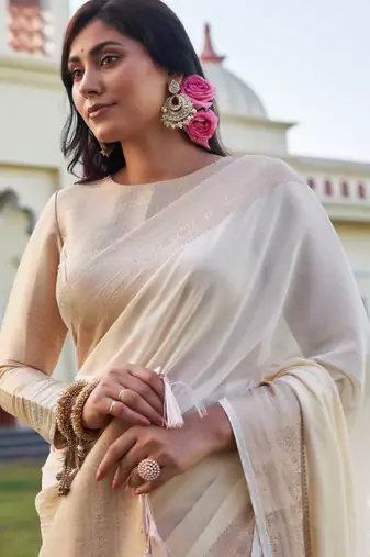 cream woven pure georgette designer pallu saree with blouse