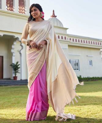 cream woven pure georgette designer pallu saree with blouse 4