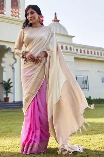 cream woven pure georgette designer pallu saree with blouse