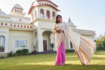 cream woven pure georgette designer pallu saree with blouse 5