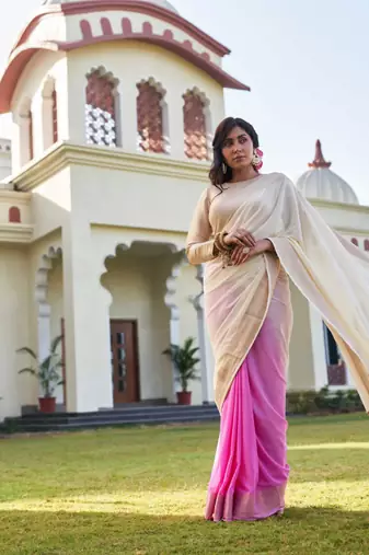 cream woven pure georgette designer pallu saree with blouse