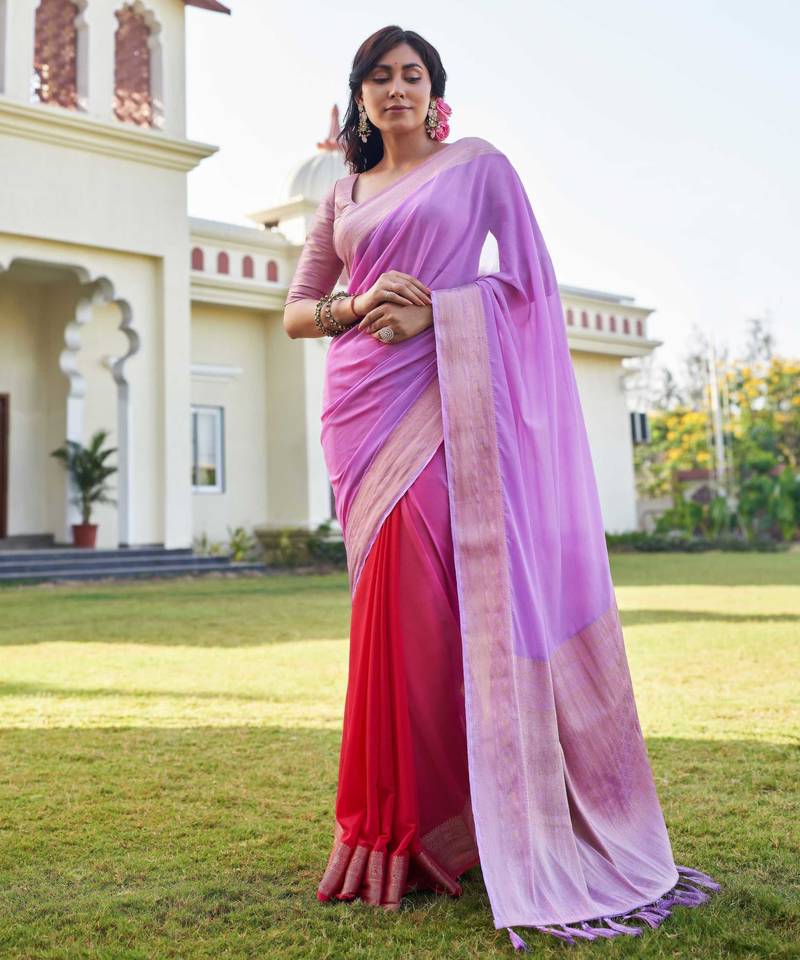 lavender woven pure georgette designer pallu saree with blouse