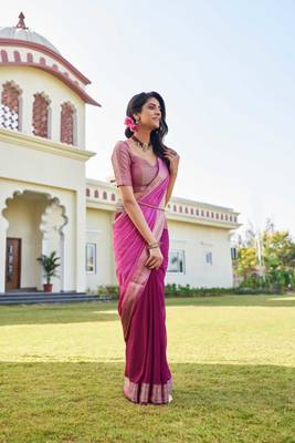 wine woven pure georgette designer pallu saree with blouse 4