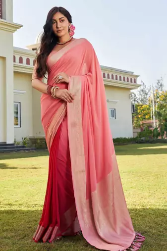 peach woven pure georgette designer pallu saree with blouse