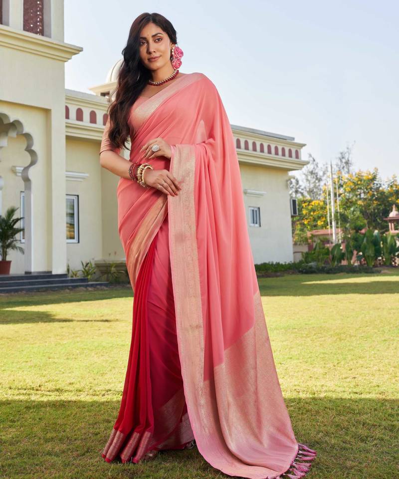 peach woven pure georgette designer pallu saree with blouse