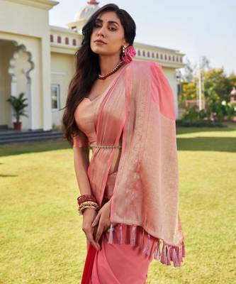 peach woven pure georgette designer pallu saree with blouse 2