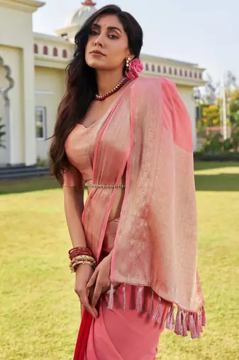 peach woven pure georgette designer pallu saree with blouse