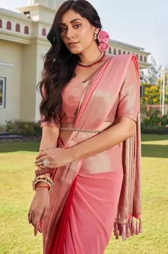 peach woven pure georgette designer pallu saree with blouse