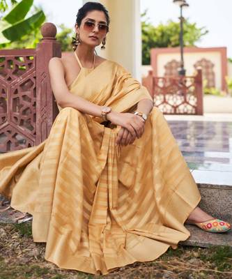 beige woven pure georgette designer pallu saree with blouse 2