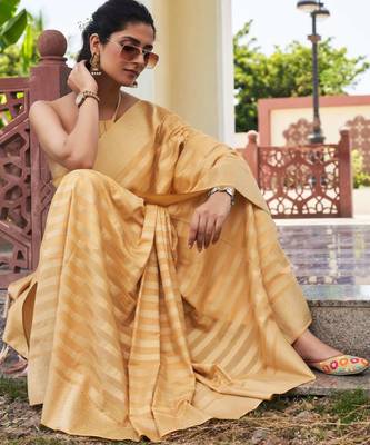 beige woven pure georgette designer pallu saree with blouse 5