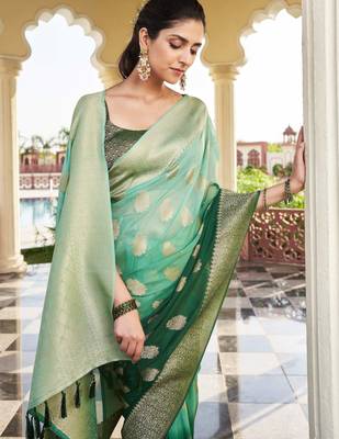 light green woven pure georgette designer pallu saree with blouse 3
