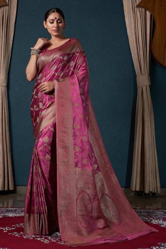 dark pink woven satin designer pallu saree with blouse