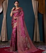 dark pink woven satin designer pallu saree with blouse