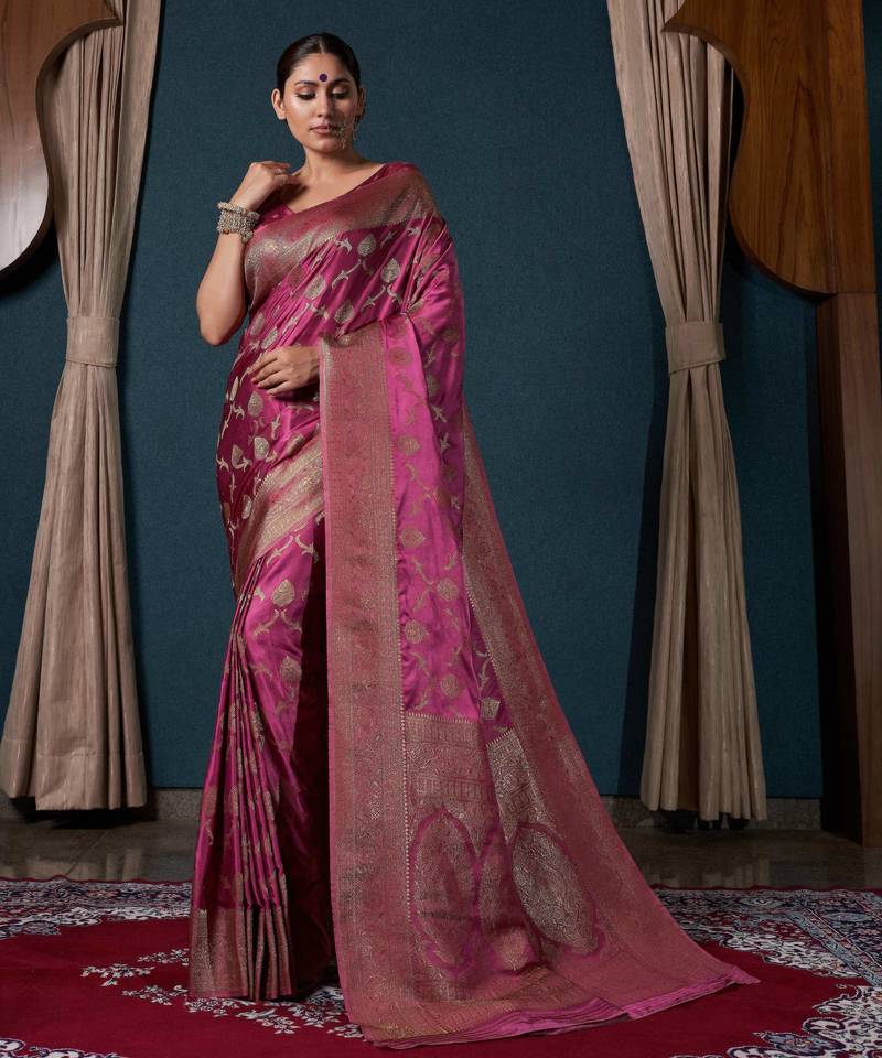 dark pink woven satin designer pallu saree with blouse
