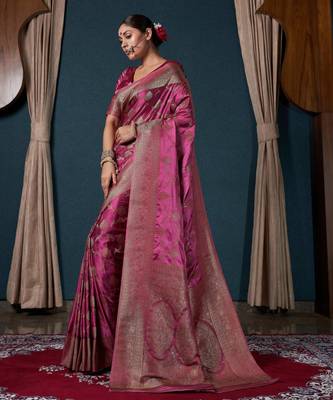 dark pink woven satin designer pallu saree with blouse 2