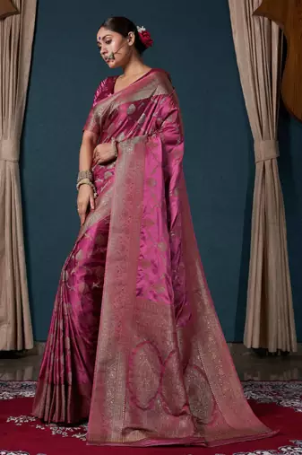 dark pink woven satin designer pallu saree with blouse