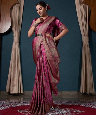 dark pink woven satin designer pallu saree with blouse 3