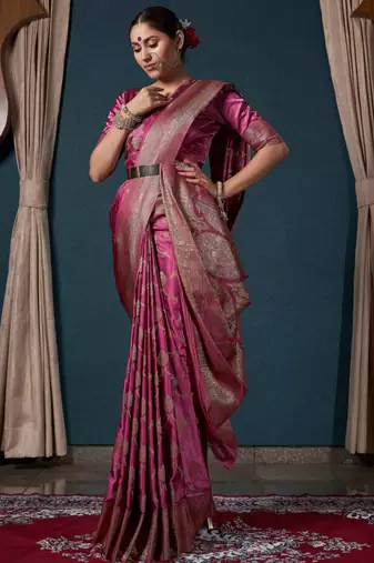 dark pink woven satin designer pallu saree with blouse
