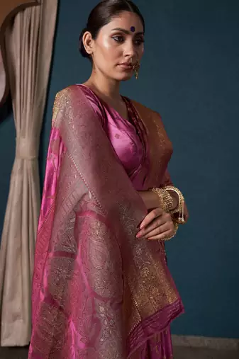 dark pink woven satin designer pallu saree with blouse