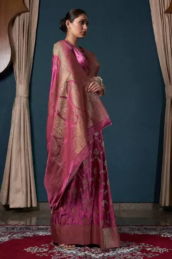 dark pink woven satin designer pallu saree with blouse