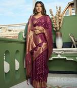 wine woven organza designer pallu saree with blouse