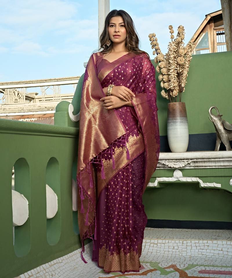 wine woven organza designer pallu saree with blouse