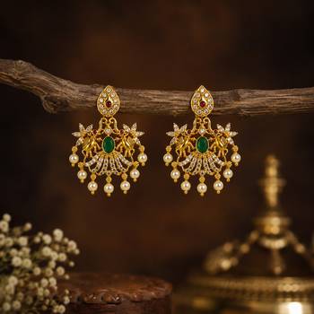 Traditional south indian gold plated green kemp stone & pearl drop chandbali temple peacock earrings for women 1