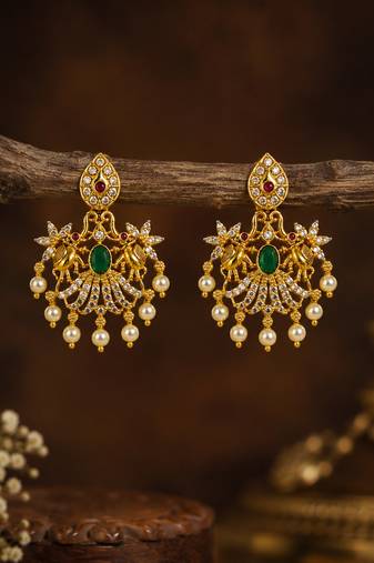 Traditional south indian gold plated green kemp stone & pearl drop chandbali temple peacock earrings for women