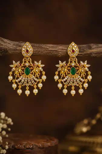 Traditional south indian gold plated green kemp stone & pearl drop chandbali temple peacock earrings for women