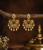 Traditional south indian gold plated green kemp stone & pearl drop chandbali temple peacock earrings for women
