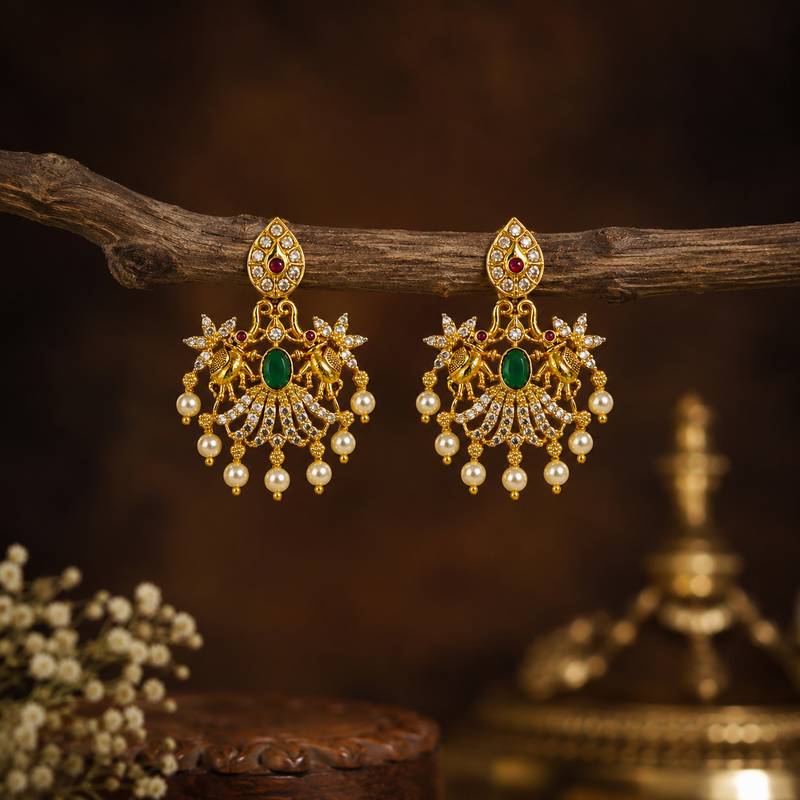 Traditional south indian gold plated green kemp stone & pearl drop chandbali temple peacock earrings for women