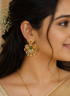 Traditional south indian gold plated green kemp stone & pearl drop chandbali temple peacock earrings for women 2